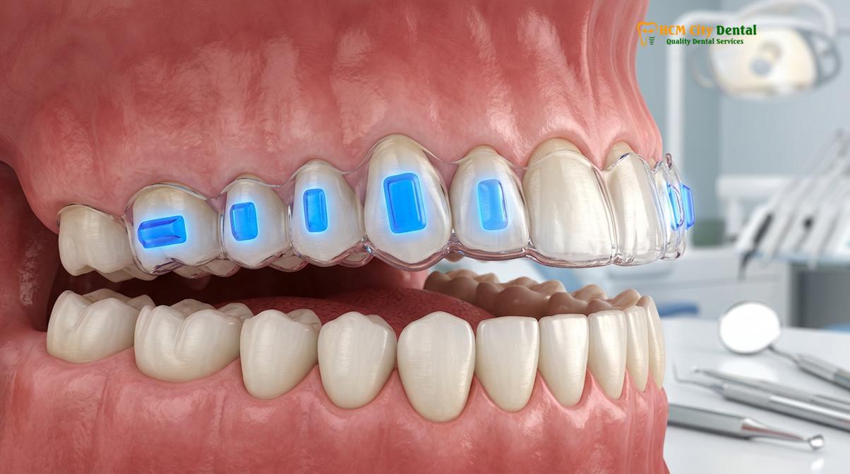 SmartForce attachments are strategically placed to direct biomechanical forces during clear aligner therapy.