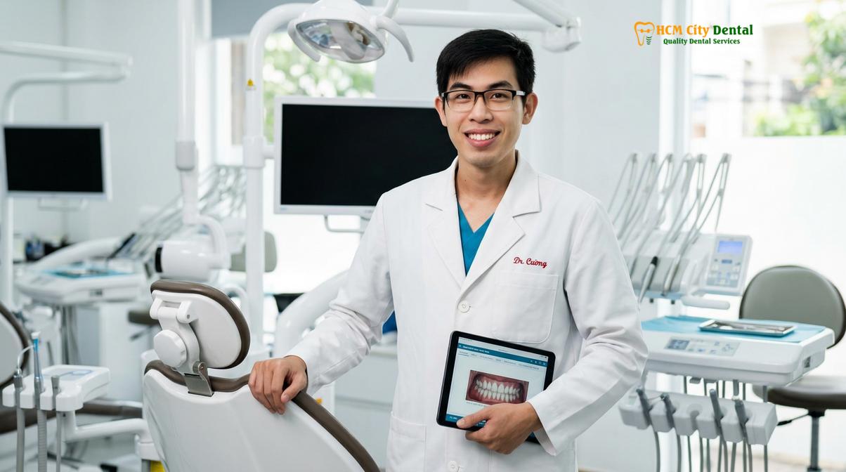 Dr. Nguyen Van Cuong DDS reviewing a digital orthodontic treatment plan.