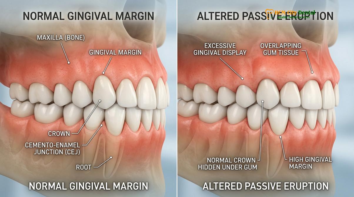 Anatomical illustration of altered passive eruption, a primary cause of excessive gingival display.