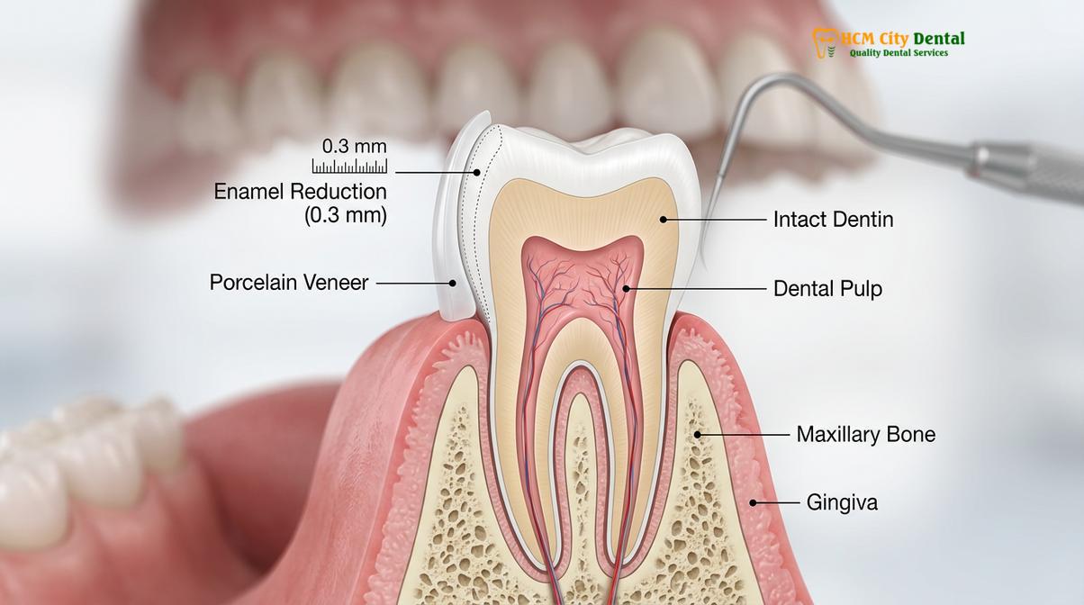Cross-sectional illustration highlighting the preservation of dentin and pulp during minimal prep procedures.