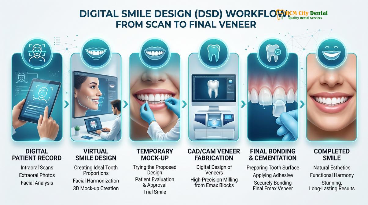 The Digital Smile Design (DSD) workflow ensures predictable, patient-approved aesthetic outcomes.