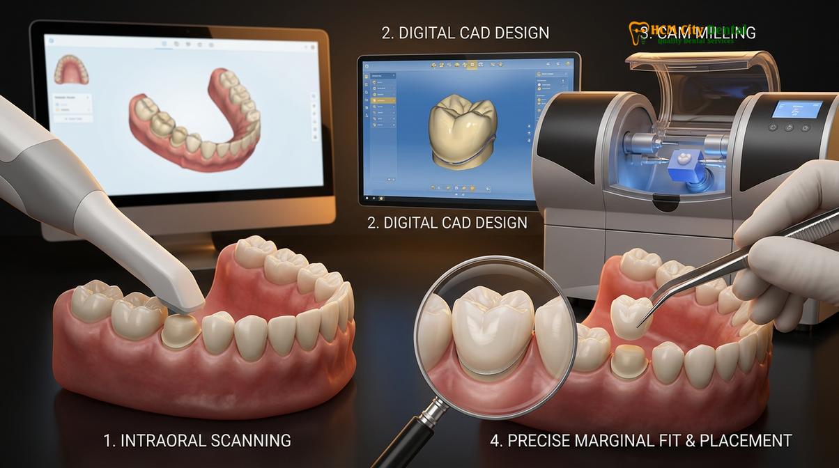 Digital 3D CAD/CAM workflow ensuring precise marginal adaptation for ceramic restorations.