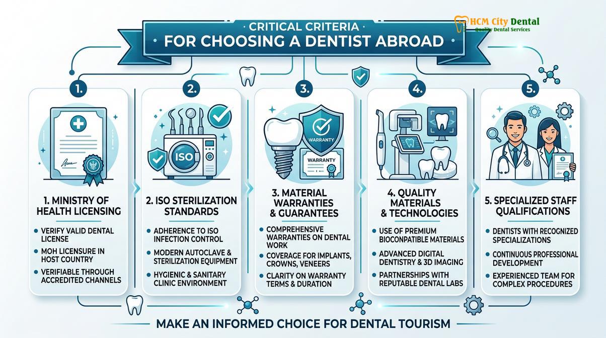 Essential criteria for verifying the safety and quality of a dental clinic abroad.