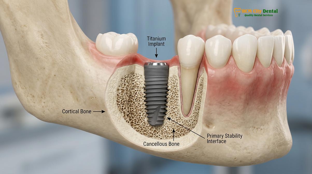 3D illustration demonstrating optimal primary stability required for immediate loading.