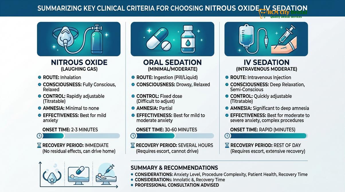 Comparison of modern dental sedation modalities available for anxious patients.