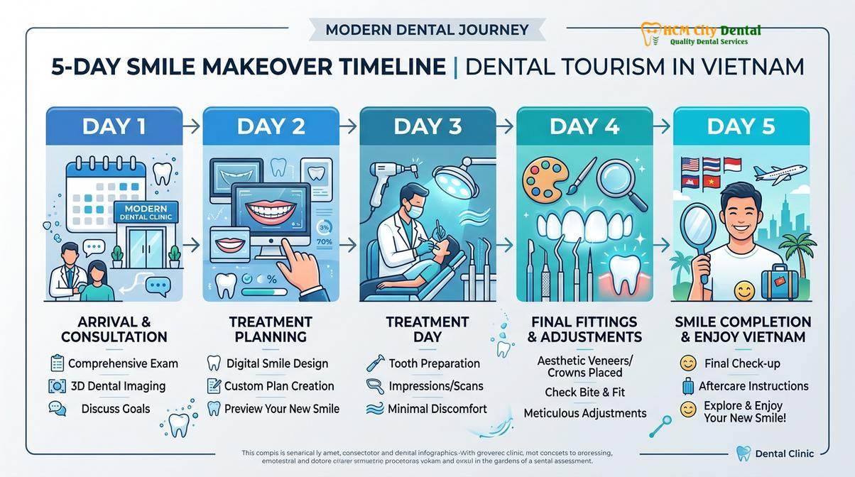 A streamlined clinical timeline designed specifically for international dental tourists.