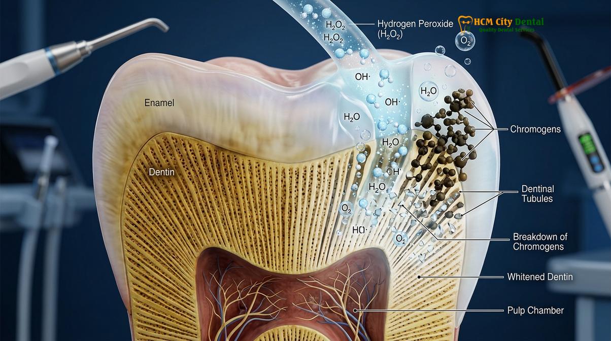 Microscopic view of oxygen radicals oxidizing deep enamel stains within the dentinal structure.