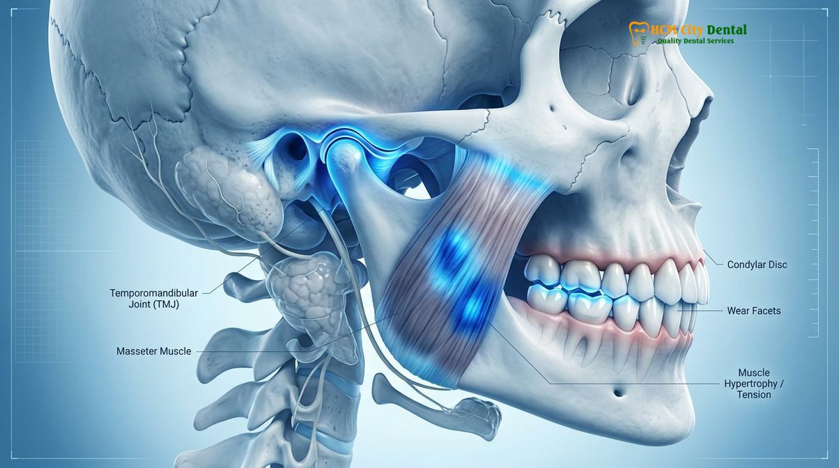 Anatomical illustration of the masseter muscle and temporomandibular joint affected by nocturnal grinding.