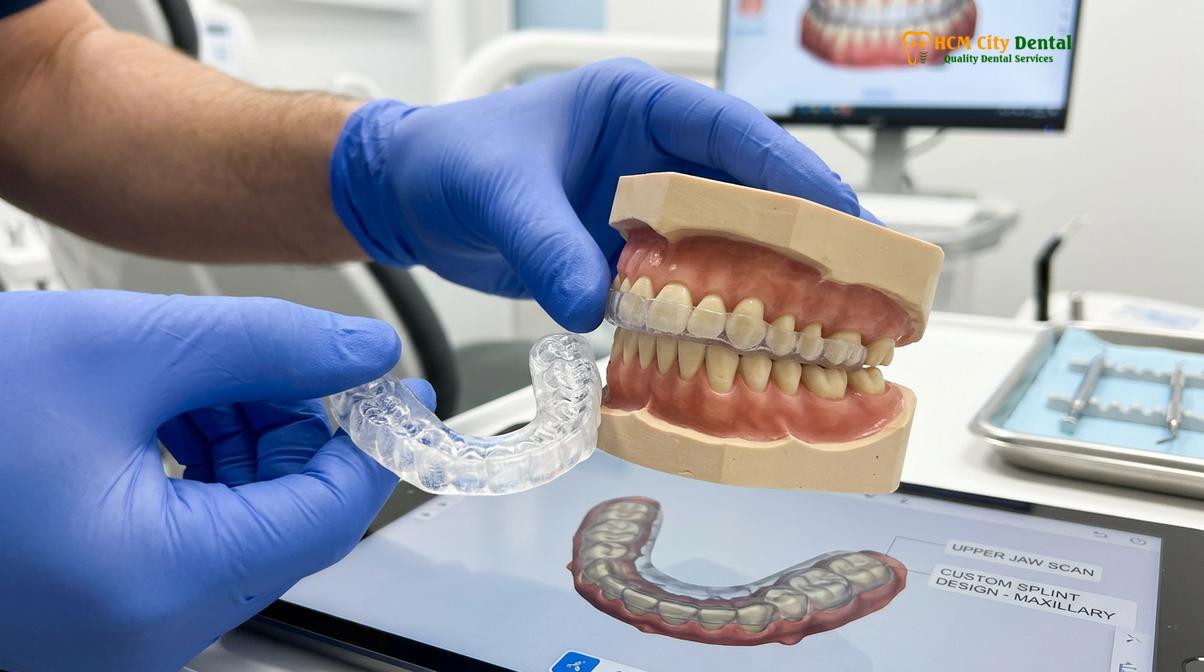 A custom 3D printed hard acrylic nightguard designed to protect teeth and stabilize the jaw.