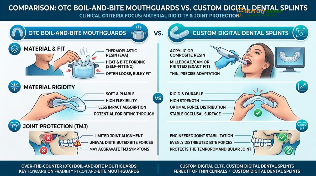 Comparison chart detailing why custom digital splints outperform over-the-counter boil-and-bite guards.